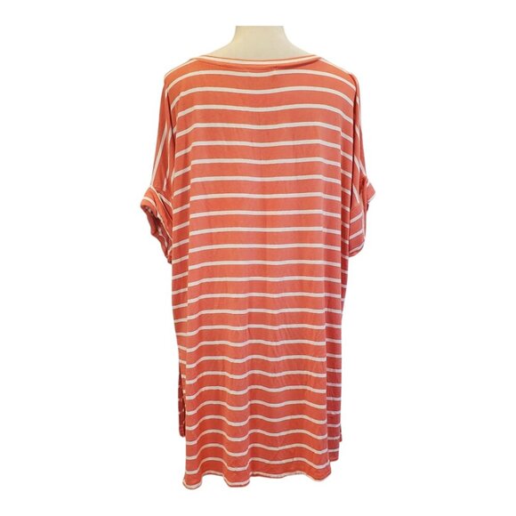 2 ZENANA SZ 1X Rolled Short Sleeve V-Neck Tops Coral Stripe & Olive Brown - Picture 6 of 10